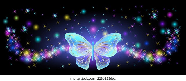 Magical transparent butterfly and glowing stars against the background of the starry night sky. Fantastic background.