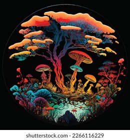 magical tree with mushrooms and flowers and rocks with bright colors in dark background, Can be used for tshirt design, posters, banners,book and print design
