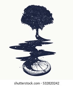 Magical tree tattoo art, river of stars, psychology symbol, tourism, travel. Surrealist concept of life and immortality. Star Compass t-shirt design 