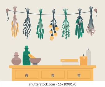 Magical trinkets. Things are needed to create magic. Dried herbs and flowers, potions, candles, books, mortar and pestle. Bright vector illustration of interior fragment.