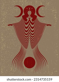 Magical triple goddess, priestess. Beautiful fairy woman with long dress. Gothic Witch wiccan female sacred design, magic red moon. Vector isolated on vintage background in art deco style 