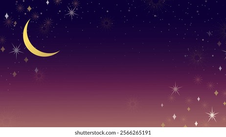 A magical twilight scene with a crescent moon, shimmering golden stars, and sparkles on a gradient background transitioning from deep purple to warm pink.