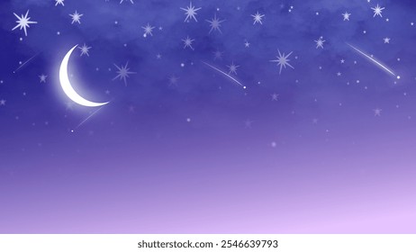 Céu crepúsculo mágico com uma lua crescente, estrelas e estrelas cadentes sobre um fundo gradiente roxo, perfeito para projetos tranquilos e sonhadores.