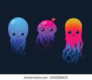 Magical Underwater World: An adorable collection of vector octopuses in subtle shades of blue, pink and purple on a dark background - perfect for children's art projects and teaching materials.