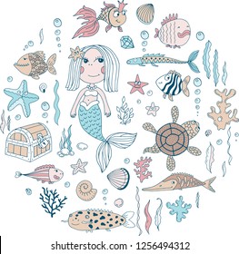 Magical underwater world collection of doodles. Vector illustration of a mermaid with a fabulous and fantastic fish. Isolated objects on white background.