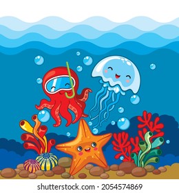 A magical underwater world. Illustration for children.