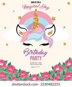 Magical Unicorn Birthday Party Invitation Card Design. Unicorn Face, Flowers, Stars, Clouds and Rainbow with Pastel and Glitter Accents 