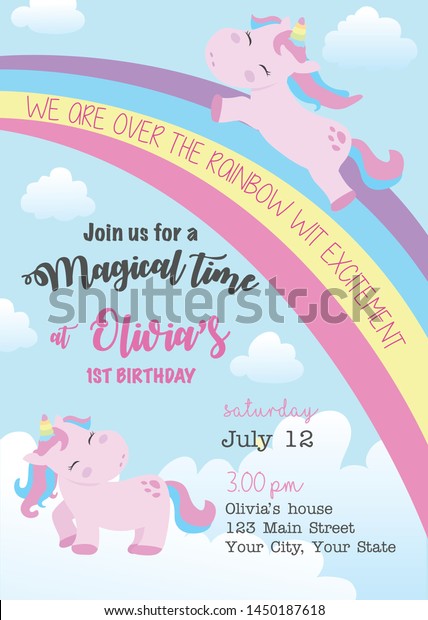 Magical Unicorn Birthday Party Invitation Card Stock Vector