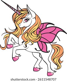 Magical Unicorn with Butterfly Wings and Rainbow Hair – Cute Fantasy Vector	