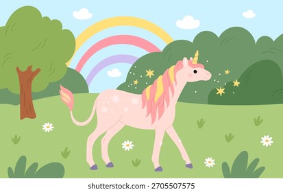 Unicórnio mágico em clareira. Mítico personagem de conto de fadas, criatura de fantasia, cavalo rosa com chifre, animal fictício fabuloso, desenho animado de paisagem de verão plano isolado ilustração garish vetor conceito
