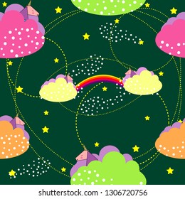 A magical unicorn in the clouds and a gaduga, magic, rays. Baby vector seamless pattern in cartoon style. Good for textile, fabric, bedding, wrapping paper, scrapbooking, etc. - Vector Graphic