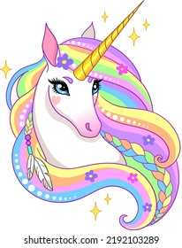 Magical unicorn with colorful mane. Vector illustration isolated