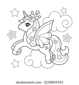 Magical unicorn coloring page illustration