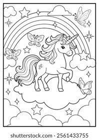 Magical Unicorn Coloring Page for Kids. Printable Black and White Activity Sheet with Unicorn Standing on a Cloud. Fun Kindergarten Art for Creativity and Learning


