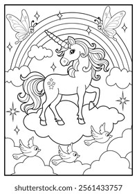 Magical Unicorn Coloring Page for Kids. Printable Black and White Activity Sheet with Unicorn Standing on a Cloud. Fun Kindergarten Art for Creativity and Learning


