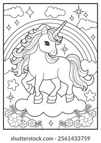 Magical Unicorn Coloring Page for Kids. Printable Black and White Activity Sheet with Unicorn Standing on a Cloud. Fun Kindergarten Art for Creativity and Learning


