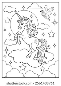 Magical Unicorn Coloring Page for Kids. Printable Black and White Activity Sheet with Unicorn Standing on a Cloud. Fun Kindergarten Art for Creativity and Learning


