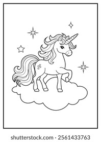 Magical Unicorn Coloring Page for Kids. Printable Black and White Activity Sheet with Unicorn Standing on a Cloud. Fun Kindergarten Art for Creativity and Learning


