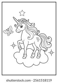 Magical Unicorn Coloring Page for Kids. Printable Black and White Activity Sheet with Unicorn Standing on a Cloud. Fun Kindergarten Art for Creativity and Learning
