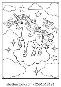 Magical Unicorn Coloring Page for Kids. Printable Black and White Activity Sheet with Unicorn Standing on a Cloud. Fun Kindergarten Art for Creativity and Learning
