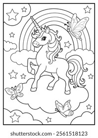 Magical Unicorn Coloring Page for Kids. Printable Black and White Activity Sheet with Unicorn Standing on a Cloud. Fun Kindergarten Art for Creativity and Learning
