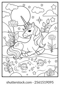 Magical Unicorn Coloring Page for Kids. Printable Black and White Activity Sheet with a Cute Unicorn Cartoon Character. Fun Kindergarten Art for Creativity and Learning
