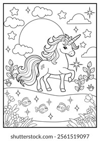 Magical Unicorn Coloring Page for Kids. Printable Black and White Activity Sheet with a Cute Unicorn Cartoon Character. Fun Kindergarten Art for Creativity and Learning
