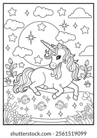 Magical Unicorn Coloring Page for Kids. Printable Black and White Activity Sheet with a Cute Unicorn Cartoon Character. Fun Kindergarten Art for Creativity and Learning
