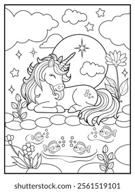 Magical Unicorn Coloring Page for Kids. Printable Black and White Activity Sheet with a Cute Unicorn Cartoon Character. Fun Kindergarten Art for Creativity and Learning
