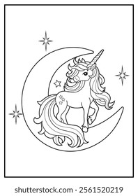 Magical Unicorn Coloring Page for Kids. Printable Black and White Activity Sheet with Unicorn on a crescent moon. Fun Kindergarten Art for Creativity and Learning
