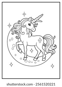 Magical Unicorn Coloring Page for Kids. Printable Black and White Activity Sheet with Unicorn on a crescent moon. Fun Kindergarten Art for Creativity and Learning
