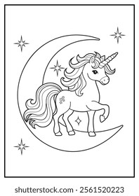 Magical Unicorn Coloring Page for Kids. Printable Black and White Activity Sheet with Unicorn on a crescent moon. Fun Kindergarten Art for Creativity and Learning
