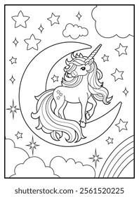 Magical Unicorn Coloring Page for Kids. Printable Black and White Activity Sheet with Unicorn on a crescent moon. Fun Kindergarten Art for Creativity and Learning
