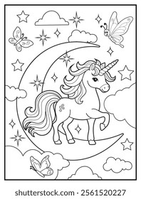 Magical Unicorn Coloring Page for Kids. Printable Black and White Activity Sheet with Unicorn on a crescent moon. Fun Kindergarten Art for Creativity and Learning
