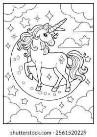 Magical Unicorn Coloring Page for Kids. Printable Black and White Activity Sheet with Unicorn on a crescent moon. Fun Kindergarten Art for Creativity and Learning
