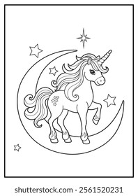 Magical Unicorn Coloring Page for Kids. Printable Black and White Activity Sheet with Unicorn on a crescent moon. Fun Kindergarten Art for Creativity and Learning
