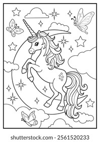 Magical Unicorn Coloring Page for Kids. Printable Black and White Activity Sheet with Unicorn on a crescent moon. Fun Kindergarten Art for Creativity and Learning
