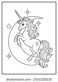 Magical Unicorn Coloring Page for Kids. Printable Black and White Activity Sheet with Unicorn on a crescent moon. Fun Kindergarten Art for Creativity and Learning
