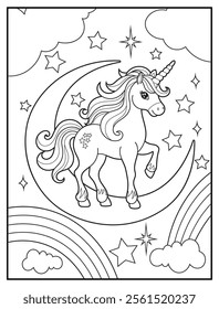 Magical Unicorn Coloring Page for Kids. Printable Black and White Activity Sheet with Unicorn on a crescent moon. Fun Kindergarten Art for Creativity and Learning
