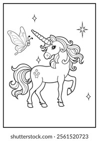 Magical Unicorn Coloring Page for Kids. Printable Black and White Activity Sheet with a Cute Unicorn Cartoon Character. Fun Kindergarten Art for Creativity and Learning
