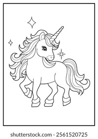 Magical Unicorn Coloring Page for Kids. Printable Black and White Activity Sheet with a Cute Unicorn Cartoon Character. Fun Kindergarten Art for Creativity and Learning
