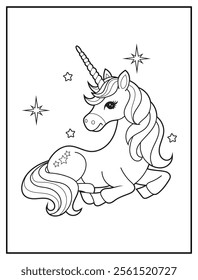 Magical Unicorn Coloring Page for Kids. Printable Black and White Activity Sheet with a Cute Unicorn Cartoon Character. Fun Kindergarten Art for Creativity and Learning
