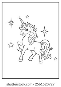 Magical Unicorn Coloring Page for Kids. Printable Black and White Activity Sheet with a Cute Unicorn Cartoon Character. Fun Kindergarten Art for Creativity and Learning
