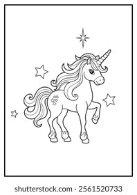 Magical Unicorn Coloring Page for Kids. Printable Black and White Activity Sheet with a Cute Unicorn Cartoon Character. Fun Kindergarten Art for Creativity and Learning
