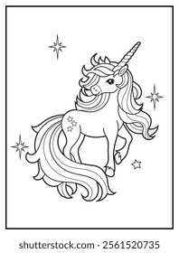 Magical Unicorn Coloring Page for Kids. Printable Black and White Activity Sheet with a Cute Unicorn Cartoon Character. Fun Kindergarten Art for Creativity and Learning
