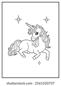 Magical Unicorn Coloring Page for Kids. Printable Black and White Activity Sheet with a Cute Unicorn Cartoon Character. Fun Kindergarten Art for Creativity and Learning
