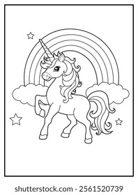 Magical Unicorn Coloring Page for Kids. Printable Black and White Activity Sheet with a Cute Unicorn Cartoon Character. Fun Kindergarten Art for Creativity and Learning
