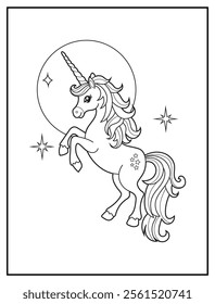 Magical Unicorn Coloring Page for Kids. Printable Black and White Activity Sheet with a Cute Unicorn Cartoon Character. Fun Kindergarten Art for Creativity and Learning
