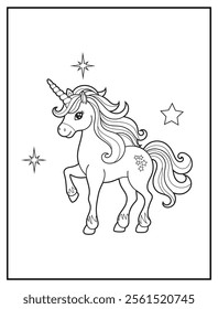 Magical Unicorn Coloring Page for Kids. Printable Black and White Activity Sheet with a Cute Unicorn Cartoon Character. Fun Kindergarten Art for Creativity and Learning
