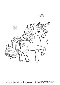 Magical Unicorn Coloring Page for Kids. Printable Black and White Activity Sheet with a Cute Unicorn Cartoon Character. Fun Kindergarten Art for Creativity and Learning
